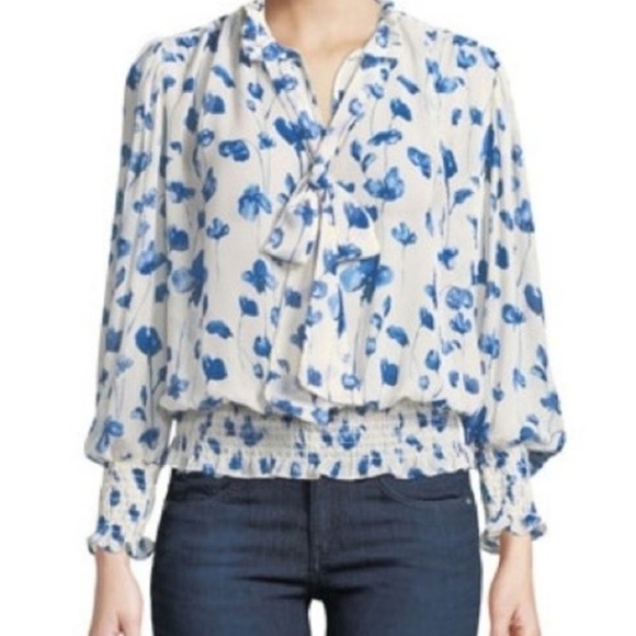 Blue Floral Blouse MISA Los Angeles Vyvienne Floral Tie-Neck Blouson Top small - Picture 2 of 14